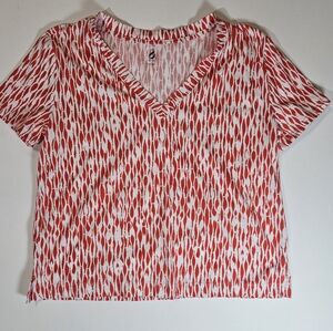 Lou & Grey Shirt Womens Medium Red White V Neck Short‎ Sleeve Cotton Pattern